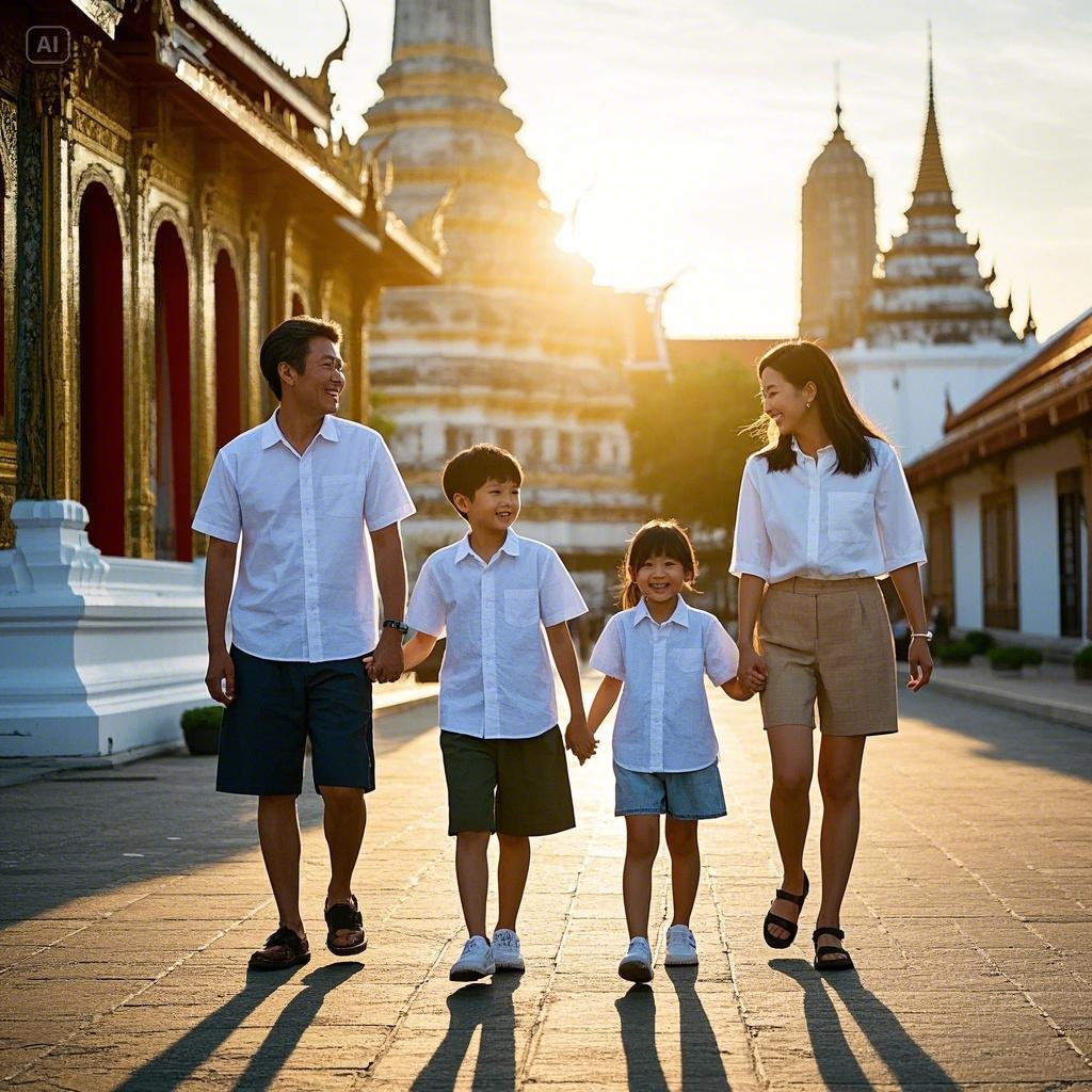 A family of four Koreans walking through beautiful Thai tourist attractions, wearing travel shorts, ....jpeg
