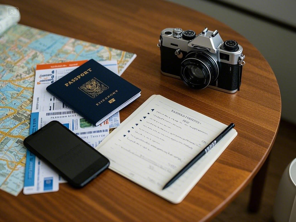 a neatly arranged travel essentials checklist on a wooden table, passport, boarding pass, camera, ma....jpeg