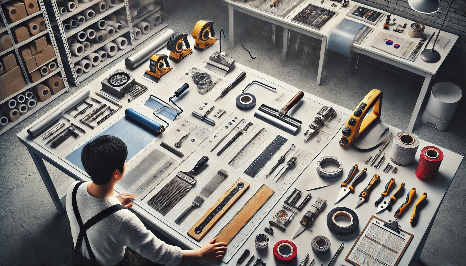 DALL·E 2025-03-18 17.37.07 - A detailed workspace highlighting key considerations when selecting tools for interior film paper construction. The scene showcases a variety of essen.webp
